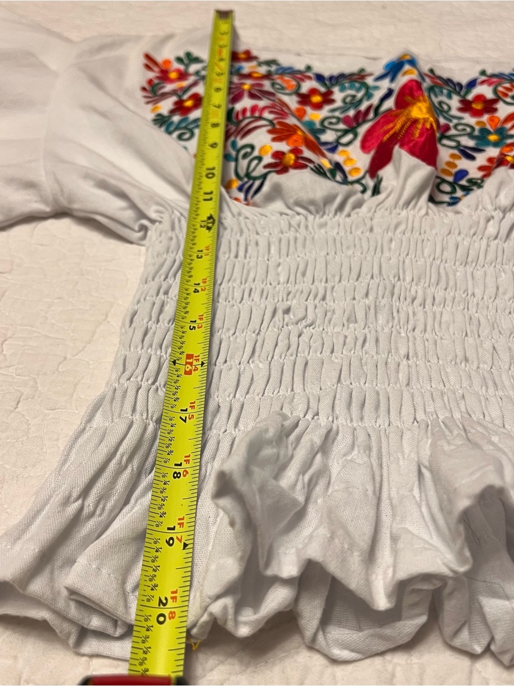Embroidered blouse, peasant, floral, mexican blouse, hand made White smoked S /M - Picture 8 of 9